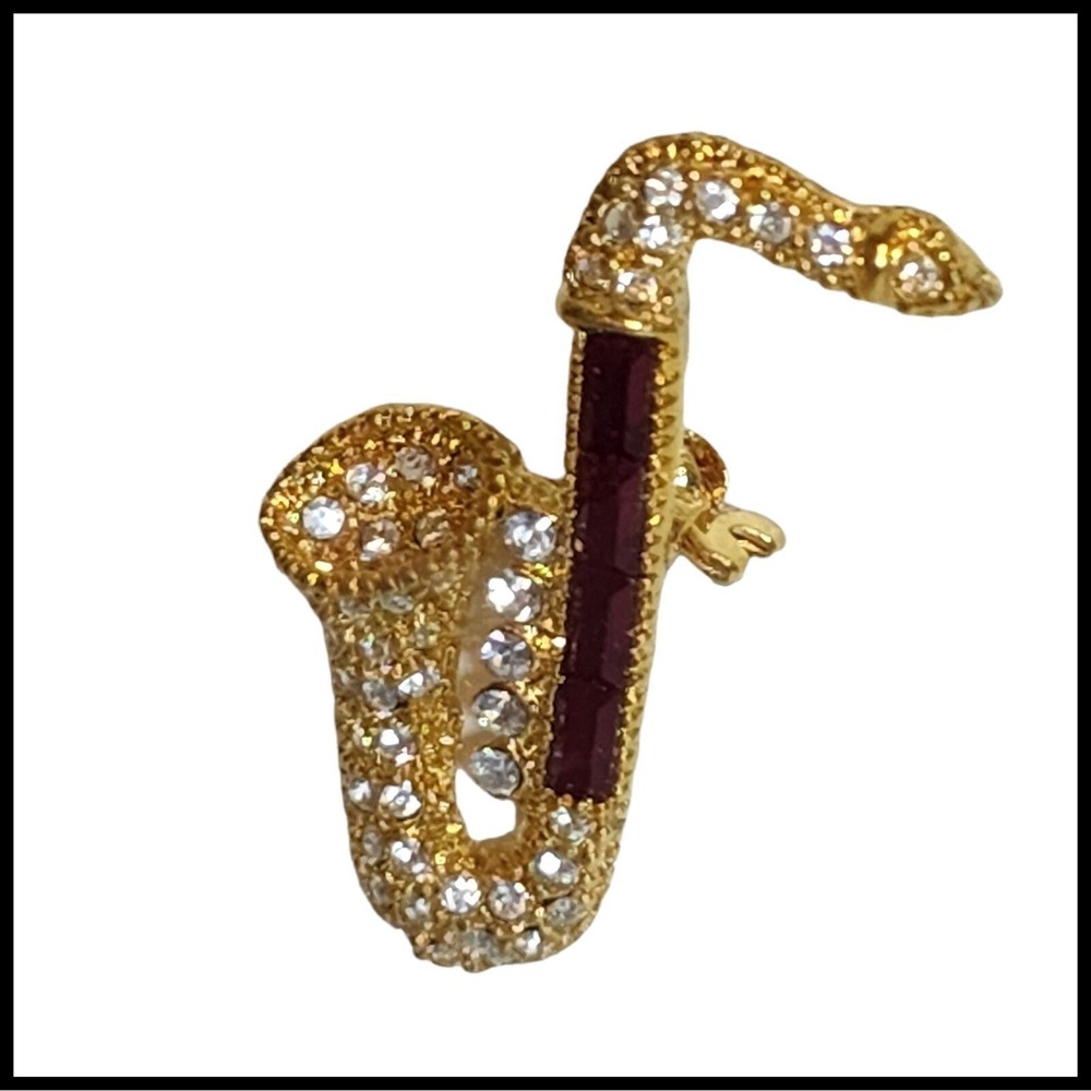 Vintage Saxophone Music Instrument Orchestra Rhinestones Gold Tone Brooch